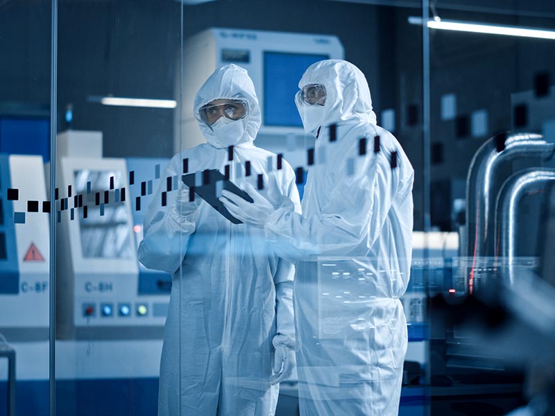 Research Factory Cleanroom: Engineer and Scientist Wearing Coveralls, Standing in Workshopop Talk and Use Tablet Computer, Professionals Develop Technology for Medical Electronic Equipment.