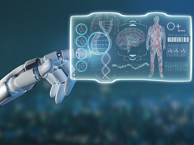 View of a Cyborg hand holding a Futuristic template medical interface hud 3d rendering